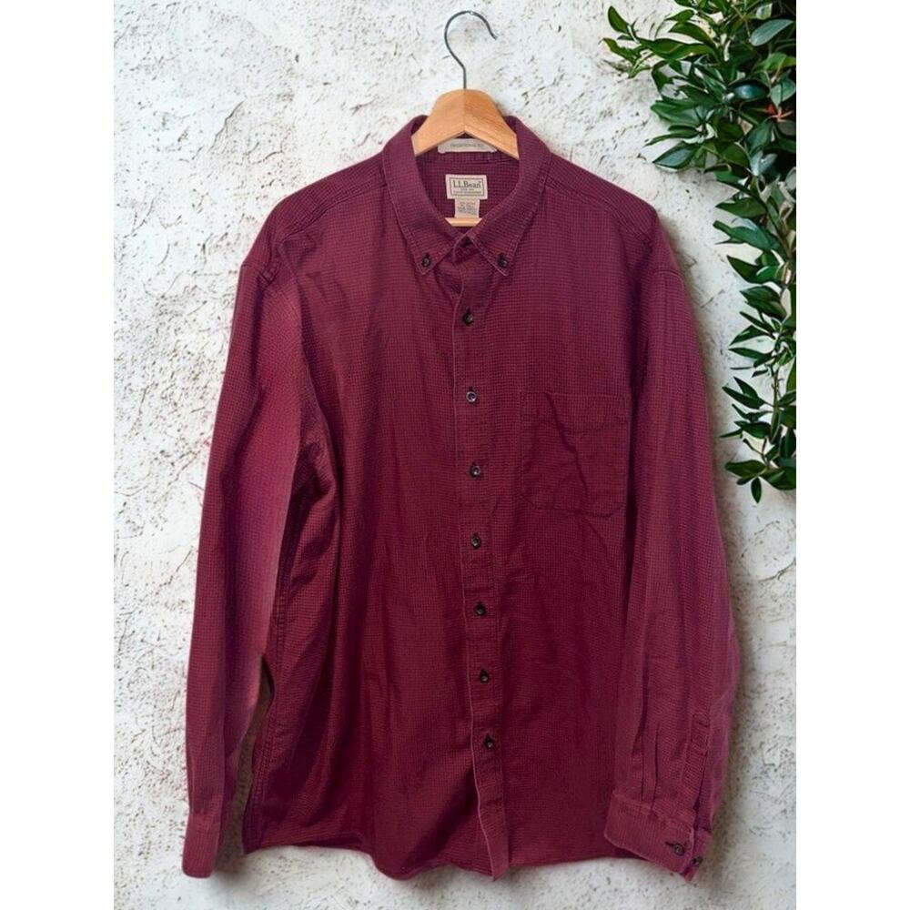 LL Bean Flannel Shirt Mens XL Tall Burgundy Red Houndstooth Button Down Pocket